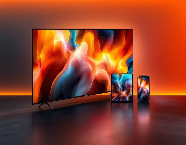 A TV, a tablet and a smartphone showing the same channel offer